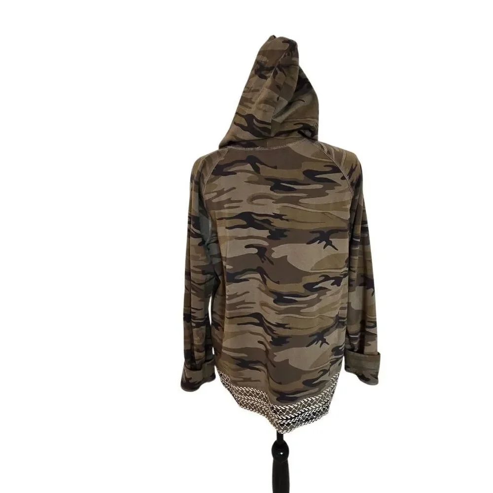 Johnny Was Womens Floral Camo Embroidered Zip Up Hoodie Green Pink Size Large